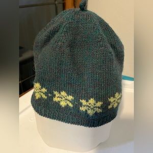 Hand made knit beanie- multi forest green with lighter green snowflakes